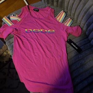 Bebe Vibrant Pink/rainbow cold shoulder blouse